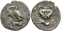 Greek Coins Sicily, Agrigentum. Drachm circa 420, AR 3.91 g. Two eagles perched l. on carcass of hare; further eagle, wings half open, leaning forward to peck; the nearer, with closed wings, throwing 