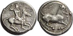 Greek Coins Gela. Tetradrachm circa 475-465, AR 17.34 g. Naked, bearded rider wearing conical helmet, on horse prancing r., spear in r. hand, l. holding reins. Rev. Bearded, man-faced bull (the river-