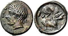 Greek Coins Piakos. Hemilitra work of the ”Maestro della foglia” circa 410, Æ 4.74 g. Laureate head of young river-god l.; to l., Π – I – A – K – I – N interspaced with six pellets. Rev. Hound draggin