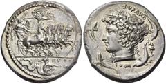 Greek Coins Syracuse. Tetradrachm signed by Euth and Eumenes circa 405, AR 17.18 g. Fast quadriga driven r. by winged young god, holding reins with both hands; above, Nike flying l. to crown him. In e