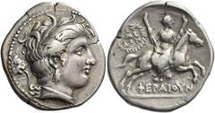 Greek Coins Thessalia, Pherae. Stater circa 302-286, AR 11.31 g. Head of nymph Hipereia r., wearing wreath of reeds, triple-pendant earring and pearl necklace; behind, lion spout with water pouring fr