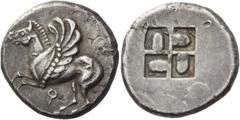 Greek Coins Corinthia, Corinth. Stater 550-500, AR 8.37 g. Pegasus flying l.; below, ?. Rev. Quadripartite incuse square with projections in each quarter. Calciati 39. Rosen 226. BCD Corinth 3. Ravel 