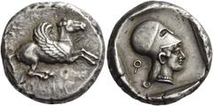 Greek Coins Corinthia, Corinth. Stater 500-450, AR 8.59 g. Pegasus flying r.; below, ?. Rev. Head of Athena r., wearing Corinthian helmet and pearl necklace; behind, ?. All within partially incuse squ