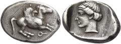 Greek Coins Corinthia, Corinth. Drachm 350-300, AR 2.78 g. Pegasus flying r.; below, ?. Rev. Head of Aphrodite l., hair bound with taenia; all within incuse square. SNG Copenhagen 26 (these dies). BCD