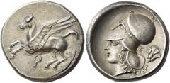 Greek Coins Corinthia, Corinth. Stater circa 330, AR 8.60 g. Pegasus flying l.; below, ?. Rev. Head of Athena l., wearing Corinthian helmet; behind, E rose. SNG Fitzwilliam 3403. Calciati 374/1 (this 