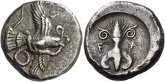 Greek Coins Olympia, Elis. Stater circa 450-440 BC, AR 12.27 g. Eagle flying r., grasping snake with its talons and its beak. Rev. F – A Thunderbolt with volutes above and wings below. Seltman –, cf. 