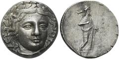 Greek Coins Dynasts of Caria, Maussolus, 377 – 353. Tetradrachm, Halicarnassus after 367, AR 15.19 g. Laureate head of Apollo facing three-quarters r. Rev. ΜΑΥΣΣΩΛΛ[Ο] Zeus Labraundus standing r., hol