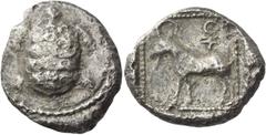 An Important and Interesting Collection of Cypriot Coins Cyprus, Uncertain mint. Siglos circa 480 BC, AR 9.81 g. Land tortoise. Rev. Goat standing l.; above, ankh. All within incuse square. Traité II 