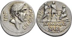 The Roman Republic Cnaeus Pompeius Junior and M. Minatius Sabinus. Denarius, Spain 46-45, AR 3.74 g. IMP – CN MAGN Head of Cn. Pompeius Magnus r. Rev. PR·Q Pompeian soldier between the personification