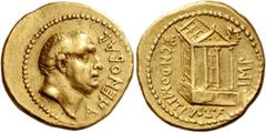 The Roman Republic Cn. Domitius Ahenobarbus. Aureus, mint moving with Ahenobarbus in 41 BC, AV 8.00 g. AHENOBAR Bare male head (Ahenobarbus ?) r. Rev. CN·DOMITIVS·L·F IMP Tetrastyle temple; in upper f