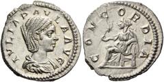 The Collection of a Perfectionist of Roman Imperial Silver Coins Julia Paula, first wife of Elagabulus. Denarius circa 219-220, AR 3.00 g. IVLIA PAVLA AVG Draped bust r. Rev. CONCORDIA Concordia seate