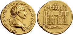 The Roman Empire Trajan augustus, 98 – 117. Aureus circa 115, AV 7.35 g. IMP TRAIANO AVG GER DAC P M TR P COS VI P P Laureate and draped bust r. Rev. Façade of Trajan’s Forum, formed by six columns; a