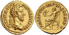 The Roman Empire Commodus augustus, 177 – 192. Aureus 183-184, AV 7.27 g. M COMMODVS – ANTON AVG PIVS Laureate, draped and cuirassed bust r. Rev. P M TR P VIIII IMP VI – COS IIII P P Jupiter seated l.