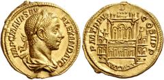 The Roman Empire Severus Alexander, 222 – 235. Aureus 226, AV 6.69 g. IMP C M AVR SEV – ALEXAND AVG Laureate and draped bust r. Rev. P M TR P V – COS II P P Nymphaeum of Severus Alexander above buildi