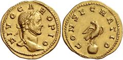 The Roman Empire Carus, 282 – 283. Divo Caro. Aureus, Lugdunum end 284, AV 4.38 g. DIVO CARO PIO Laureate head r. Rev. CONSECRATIO Eagle standing r. on globe, looking l. C 14 var. (omits globe). RIC 4