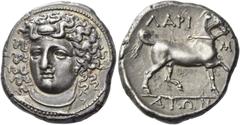 Greek Coins Thessaly, Larissa. Didrachm 350-340 BC, AR 12.29 g. Head of nymph Larissa facing three-quarters l., wearing ampyx, earring and necklace. Rev. Bridled horse advancing r., r. foreleg raised.
