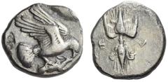 Greek Coins Elis, Olympia. Stater circa 450-440 BC, AR 11.46 g. Eagle flying r., grasping rabbit with its talons and its beak. Rev. F – A Thunderbolt with volutes above and wings below. Seltman 131. B