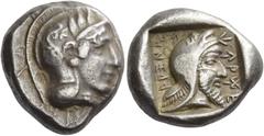 Greek Coins Dynasts of Lycia, Kherei, circa 410 – 390. Stater circa 410-390 BC, AR 8.57 g. Helmeted head of Athena r., bowl decorated with spiral and three olive leaves. Rev. Head of dynast r., wearin