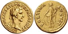 The Roman Empire Nerva, 96-98. Aureus 97, AV 7.57 g. Laureate head r. Rev. Fortuna standing l., holding rudder in r. hand and cornucopiae in l. C 70. RIC 28. Calicó 965 (this coin). Rare. Several edge