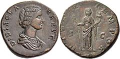 The Roman Empire Didia Clara, daughter of Didius Julianus. Sestertius 193, Æ 22.62 g. Draped bust r. Rev. Hilaritas standing l., holding long palm and cornucopiae. C 4. RIC Didius Julianus 20. Very ra
