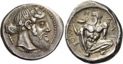 Greek coins Naxos. Tetradrachm circa 460 BC, AR 17.25 g. Bearded and ivy-wreathed head of Dionysos r., his hair tied in a krobylos at nape of neck. Rev. Ν – ΑXΙ – ΟΝ Silenos, nude and ithyphallic, squ