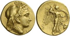 Greek coins Syracuse. Double decadrachm 310-304, AV 8.48 g. Young male head r., wearing elephant’s scalp headdress; on shoulder, dotted aegis. Rev. ΑΓΑΘΟΚΛΕΟΣ Winged Athena standing r. in battle stanc