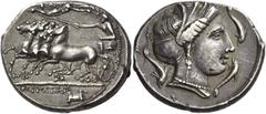 Greek coins The Carthaginians in Italy, Sicily and North Africa. Tetradrachm, Thermae Himerensis circa 350, AR 16.95 g. Fast quadriga driven l. by charioteer, holding reins and kentron; above, Nike fl