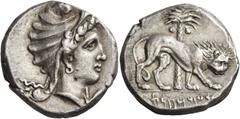 Greek coins The Carthaginians in Italy, Sicily and North Africa. Tetradrachm, uncertain mint in Sicily "people of the camp" circa 320-310, AR 17.15 g. Head of Tanit (Kore-Persephone) r., wearing Phryg