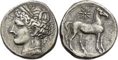 Greek coins The Carthaginians in Italy, Sicily and North Africa. Trishekel, Carthago circa 264-241 BC, AR 13.45 g. Head of Tanit (Kore-Persephone) l., wearing barley-wreath, triple pendant earring and