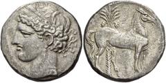 Greek coins The Carthaginians in Italy, Sicily and North Africa. Trishekel, Carthago circa 264-241 BC, billon 18.83 g. Head of Tanit (Kore-Persephone) l., wearing barley-wreath, triple pendant earring