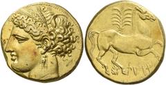 Greek coins The Carthaginians in Italy, Sicily and North Africa. Tristater, uncertain mint in Sicily circa 260, EL 22.50 g. Head of Tanit (Kore-Persephone) l., wearing barley wreath and earring. Rev. 