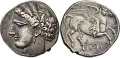 Greek coins The Carthaginians in Italy, Sicily and North Africa. Decadrachm, Carthage circa 260, AR 37.86 g. Head of Tanit (Kore-Persephone) l., wearing barley wreath and earring. Rev. Pegasus flying 