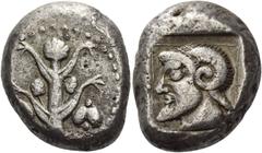Greek coins Cyrene. Tetradrachm circa 485-475, AR 17.36 g. Silphium plant with two pairs of leaves and three umbels; at sides, fruit. Rev. Bearded and horned head of Ammon l., within incuse square. As