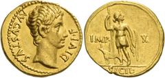 The Roman Empire Octavian as Augustus, 27 BC – 14 AD. Aureus, Lugdunum circa 15-13 BC, AV 7.81 g. AVGVSTVS – DIVI F Bare head r. Rev. IMP – X Diana, in short hunting tunic, standing half l., head r., 