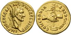 The Roman Empire Nerva, 96 – 98. Aureus 97, AV 7.08 g. IMP NERVA CAES AVG P M TR P COS III P P Laureate head r. Rev. CONCORDIA – EXERCITVVM Clasped hands holding legionary eagle set upon prow l. C 28.
