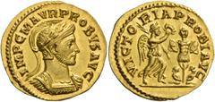 The Roman Empire Probus, 276 – 282. Aureus, Lugdunum 281, AV 6.04 g. IMP C M AVR PROBVS AVG Helmeted and cuirassed bust r. Rev. VICTO – RIA PROBI AVG Victory advancing r., holding palm branch and wrea