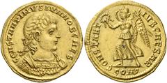 The Roman Empire Constantine II caesar, 316 – 337. Solidus, Constantinople 335, AV 4.37 g. CONSTANTINVS IVN NOB CAES Laureate, draped and cuirassed bust r. Rev. CONSTANT – IVS CAESAR Victory advancing