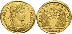 The Roman Empire Constans augustus, 337 – 350. Solidus, Aquileia 337-340, AV 4.35 g. FL IVL CONS – TANS P F AVG Laureate, rosette-diademed, draped and cuirassed bust r. Rev. VICTORIAE D N AVG Two Vict