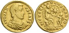 The Roman Empire Julian II caesar, 355 – 361. Semissis, Antiochia 355-361, AV 2.26 g. IVLIAN – VS CAES Bare-headed, draped and cuirassed bust r. Rev. VICTORIA AVGVSTORVM Victory seated r. on cuirass, 