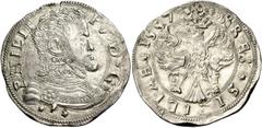 Messina Monete di zecche italiane Messina (§) Filippo II di Spagna, 1556-1598. Da 4 tarì 1557, AR 11,72 g. PHILIP – PVS D G Busto corazzato a d.; sotto, nel giro, xx. Rv. REX SICILIAE 1557 Aquila coro
