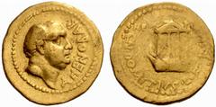 An Important Collection of Roman Gold Coins Part I The Roman Republic Cn. Domitius Ahenobarbus. No.: 6 Estimate: CHF 30000 d=21 mm Aureus, mint moving with Ahenobarbus 41 BC, 7.97 g. AHENOBAR Bare mal