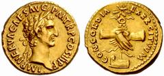 An Important Collection of Roman Gold Coins Part I The Roman Empire Nerva, 96 – 98 No.: 17 Estimate: CHF 16000 d=19 mm Aureus 97, 7.72 g. IMP NERVA CAES AVG P M TR P COS III P P Laureate head r. Rev. 