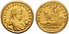An Important Collection of Roman Gold Coins Part I The Roman Empire Crispus Caesar, 317 – 326 No.: 90 Estimate: CHF 35000 d=24 mm Medallion of 1½ solidi, Treveri 320, 6.70 g. FL IVL CRISPVS NOB CAES L