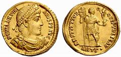 An Important Collection of Roman Gold Coins Part I The Roman Empire Valentinian I, 364 – 375 No.: 99 Estimate: CHF 1200 d=22 mm Solidus, Antiochia 366-367, 4.47 g. D N VALENTINI – ANVS P F AVG Pearl-d