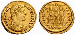 An Important Collection of Roman Gold Coins Part I The Roman Empire Magnus Maximus, 383 – 388 No.: 107 Estimate: CHF 3500 d=22 mm Solidus, Londinium-Augusta 387-388, 4.57 g. DN MAG MA – XIMVS P F AVG 