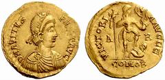 An Important Collection of Roman Gold Coins Part I The Roman Empire Avitus, 455 – 456 No.: 117 Estimate: CHF 25000 d=22 mm Solidus, Arles 455-456, 4.33 g. DN AVITVS – PERP F AVG Rosette-diademed, drap
