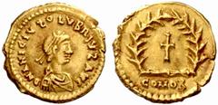 An Important Collection of Roman Gold Coins Part I The Roman Empire Olybrius, 472 No.: 120 Estimate: CHF 35000 d=15 mm Tremissis, Mediolanum 472, 1.46 g. D N ANICIVS OLVBRIVS AVG Pearl-diademed, drape