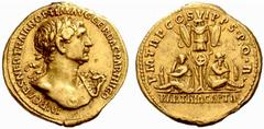 An Important Collection of Roman Gold Coins Part II The Roman Empire Trajan, 98 – 117 No.: 155 Estimate: CHF 6500 d=20 mm Aureus 117, 7.28 g. IMP CAES NER TRAIAN OPTIM AVG GER DAC PARTHICO Laureate bu