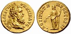 An Important Collection of Roman Gold Coins Part II The Roman Empire Pertinax, 1st January – 28th March 193 No.: 174 Estimate: CHF 15000 d=20 mm Aureus 193, 7.34 g. IMP CAES P HELV – PERTIN AVG Laurea