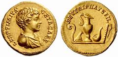 An Important Collection of Roman Gold Coins Part II The Roman Empire Geta Caesar, 198 – 209 No.: 180 Estimate: CHF 7000 d=21 mm Aureus 198 – 200, 7.05 g. L SEPTIMIVS – GETA CAES Bare-headed and draped